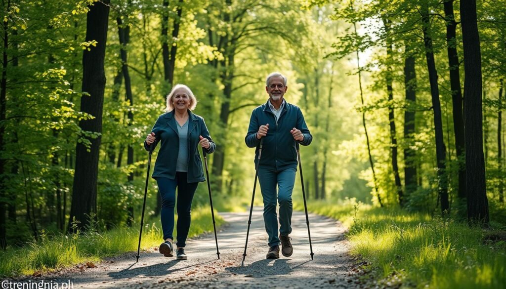 Nordic walking scene with a middle-aged couple in professional casual clothing enjoying the activity on a scenic forest path. The foreground features their poles in motion, with vibrant green trees lining the sides. In the middle, the couple appears focused and engaged, smiling as they stride confidently. The background showcases a serene, sunlit forest with dappled light filtering through the leaves, creating a warm and inviting atmosphere. The mood reflects health and vitality, illustrating the benefits of active living. Use soft lighting to enhance the scene, capturing a balanced composition from a slightly elevated angle to emphasize their movement. The image should evoke a sense of tranquility and enjoyment associated with outdoor exercise. Include the branding "treningdnia.pl" subtly integrated into the scene.