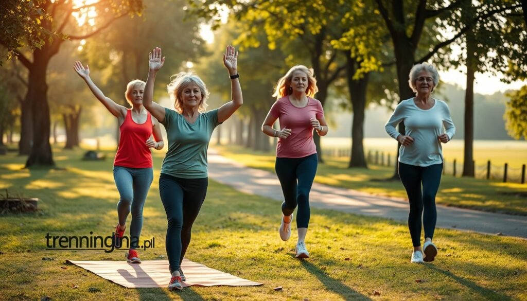 Women in their forties engaging in various forms of physical activity, such as yoga, Pilates, and light outdoor jogging, showcasing a mix of determination and joy. The foreground features two women in modest, colorful athletic wear demonstrating a yoga pose on a mat. In the middle ground, another woman is shown jogging on a scenic path with trees lining it, radiating a sense of vitality. The background depicts a serene park setting during early morning, with soft golden sunlight filtering through the leaves, casting gentle shadows. The overall mood is uplifting and inspiring, promoting a healthy lifestyle. Shot with a soft focus on the women to emphasize their movements and a wide-angle lens to capture the beautiful surroundings. Include the brand name "treningdnia.pl" subtly integrated into the scene.