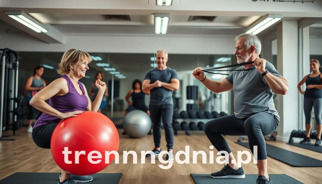 a dynamic fitness scene showcasing strength training modifications for older adults, featuring a diverse group of individuals aged 30 to 50 engaging in various exercises. In the foreground, a middle-aged woman performs a modified squat with a stability ball, while a middle-aged man demonstrates resistance band curls, both dressed in comfortable, modest athletic wear. The middle ground shows a personal trainer providing guidance, emphasizing safe techniques and form. The background includes gym equipment like weights and exercise mats, softly lit by overhead fluorescent lights creating a motivating atmosphere. The overall mood conveys empowerment and adaptability, promoting a healthy lifestyle. The brand name "treningdnia.pl" subtly integrates into the scene through branded exercise gear.
