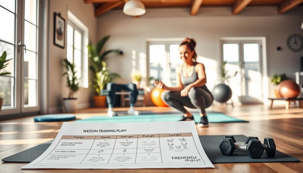 A bright and inviting home gym scene designed for beginners, featuring a well-organized workout area. In the foreground, a motivational training plan is laid out on a yoga mat, showcasing simple exercises that can be done at home, such as squats, push-ups, and lunges, illustrated with small visuals. The middle ground includes a person in modest activewear demonstrating proper form, focusing on a squat with a friendly, determined expression. The background highlights soft natural lighting coming through large windows, illuminating gym equipment like dumbbells and a stability ball, creating an energetic and motivating atmosphere. The room is decorated with plants for added freshness. Include the brand name "treningdnia.pl" subtly integrated into the scene.