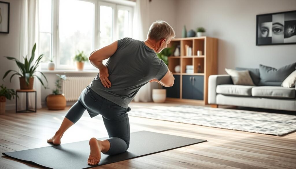 A bright and inviting home interior where a person is performing gentle back exercises on a yoga mat. The foreground features a middle-aged individual dressed in modest athletic wear, focusing intently on maintaining proper form while doing a stretching exercise. In the middle ground, a cozy living room with soft natural light filtering through a large window, showcasing plants and a peaceful atmosphere. The background includes tasteful decor such as a bookshelf and a comfortable couch, enhancing the sense of a serene workout space. The mood is calm and encouraging, emphasizing the idea of a supportive home environment for effective back pain relief exercises. This image should be a representation of "treningdnia.pl".