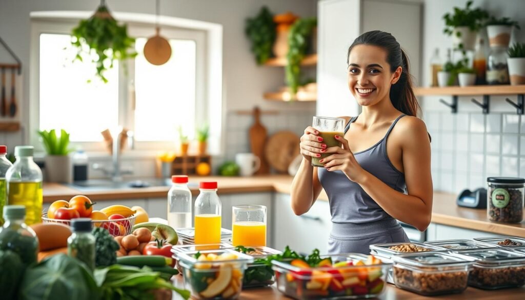 A bright and inviting kitchen scene featuring a vibrant array of healthy foods, including colorful fruits and vegetables, whole grains, and hydration options like water bottles and herbal teas. In the foreground, a woman dressed in modest workout attire smiles as she prepares a fresh smoothie, showcasing the importance of diet in fitness. The middle ground includes neatly arranged meal prep containers filled with nutritious meals, while the background features natural light streaming through a window, creating a warm and cheerful atmosphere. The composition should evoke a sense of motivation and wellness, ideal for illustrating the role of diet and hydration in achieving fitness goals. Incorporate subtle branding elements of "treningdnia.pl" in the kitchen decor. A bright and inviting kitchen scene featuring a vibrant array of healthy foods, including colorful fruits and vegetables, whole grains, and hydration options like water bottles and herbal teas. In the foreground, a woman dressed in modest workout attire smiles as she prepares a fresh smoothie, showcasing the importance of diet in fitness. The middle ground includes neatly arranged meal prep containers filled with nutritious meals, while the background features natural light streaming through a window, creating a warm and cheerful atmosphere. The composition should evoke a sense of motivation and wellness, ideal for illustrating the role of diet and hydration in achieving fitness goals. Incorporate subtle branding elements of "treningdnia.pl" in the kitchen decor.