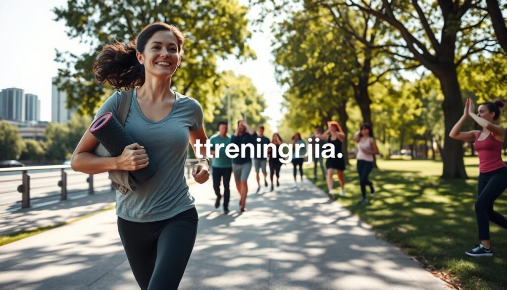 A busy urban scene reflecting the theme of physical activity amidst a tight schedule. In the foreground, a professional woman in modest casual clothing, carrying a yoga mat, looks energized as she jogs through a park. In the middle ground, diverse individuals are seen engaging in quick exercise routines, like stretching or practicing calisthenics, each displaying determination. The background features a skyline with office buildings, hinting at a bustling city life. Bright, natural sunlight filters through lush trees, casting dappled shadows on the path, creating a vibrant, uplifting atmosphere. The overall mood is one of motivation and balance, capturing the essence of integrating fitness into a busy lifestyle. The logo "treningdnia.pl" subtly incorporated within the scene.