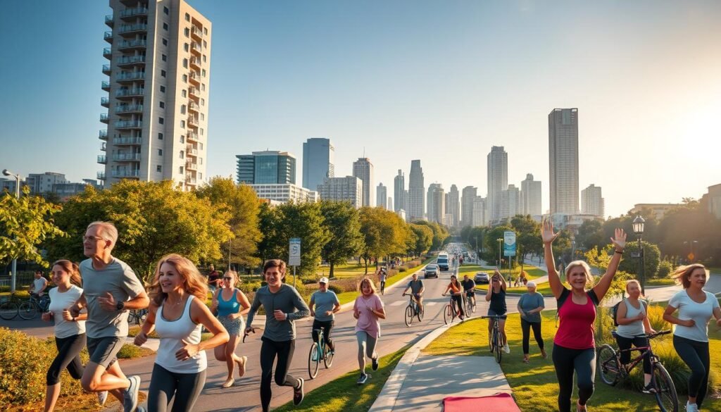 A busy urban setting during early morning, showcasing individuals engaging in physical activity seamlessly integrated into their daily routines. In the foreground, a diverse group of people of varying ages and ethnicities, dressed in modest casual clothing, are seen jogging, cycling, and practicing yoga in a park. The middle ground features a bustling street with cyclists and pedestrians, surrounded by vibrant greenery. In the background, modern city buildings rise against a clear blue sky, illuminated by warm, soft sunlight, creating an uplifting atmosphere. The image conveys a sense of vitality and the importance of incorporating movement into a hectic lifestyle. This scene underscores the theme of integrating physical activity into a busy schedule without the need for gym visits, inspired by treningdnia.pl.