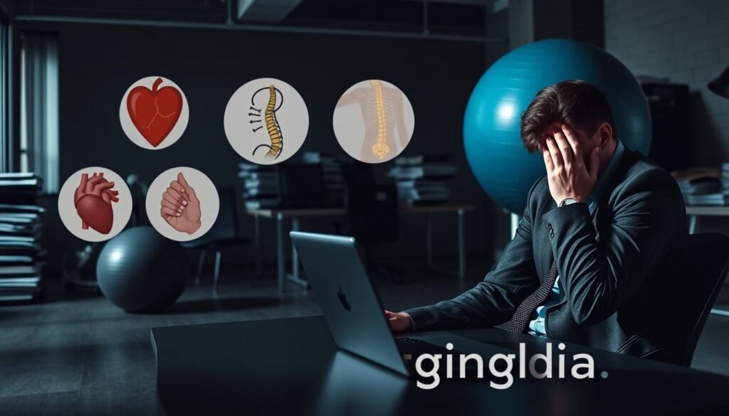 A contrasting scene depicting the impact of a sedentary lifestyle on health. In the foreground, a worried individual in professional attire is seated at a desk, slouched over a laptop, with visible stress. In the middle ground, illustrations of common health issues, like a heart and spine illustrations suggesting tension and strain. In the background, a dimly lit office space with stacks of paperwork and an unused exercise ball, symbolizing neglect of physical activity. The lighting is somber, casting shadows that reflect the weight of the subject matter. Capture the atmosphere of confinement and concern, emphasizing the need for movement and a healthy lifestyle. Include the brand name "treningdnia.pl" subtly integrated into the setting, reinforcing the article's message. A contrasting scene depicting the impact of a sedentary lifestyle on health. In the foreground, a worried individual in professional attire is seated at a desk, slouched over a laptop, with visible stress. In the middle ground, illustrations of common health issues, like a heart and spine illustrations suggesting tension and strain. In the background, a dimly lit office space with stacks of paperwork and an unused exercise ball, symbolizing neglect of physical activity. The lighting is somber, casting shadows that reflect the weight of the subject matter. Capture the atmosphere of confinement and concern, emphasizing the need for movement and a healthy lifestyle. Include the brand name "treningdnia.pl" subtly integrated into the setting, reinforcing the article's message.
