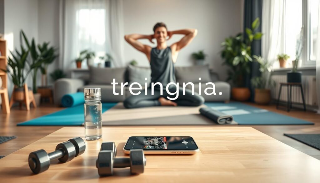 A cozy home environment preparing for a workout session. In the foreground, a well-lit living room with yoga mats rolled out and a set of dumbbells beside a water bottle. A light wooden coffee table has a smartphone displaying an exercise app. In the middle ground, a friendly, fit individual in modest, casual workout attire is stretching, surrounded by peace and motivation. The background features a large window with soft sunlight filtering through, casting gentle shadows. Indoor plants add freshness, enhancing a vibrant, inviting atmosphere. The overall mood is encouraging, focusing on the transformation from relaxation to activity. The brand name "treningdnia.pl" subtly included in the scene, emphasizing the dynamic home training vibe.