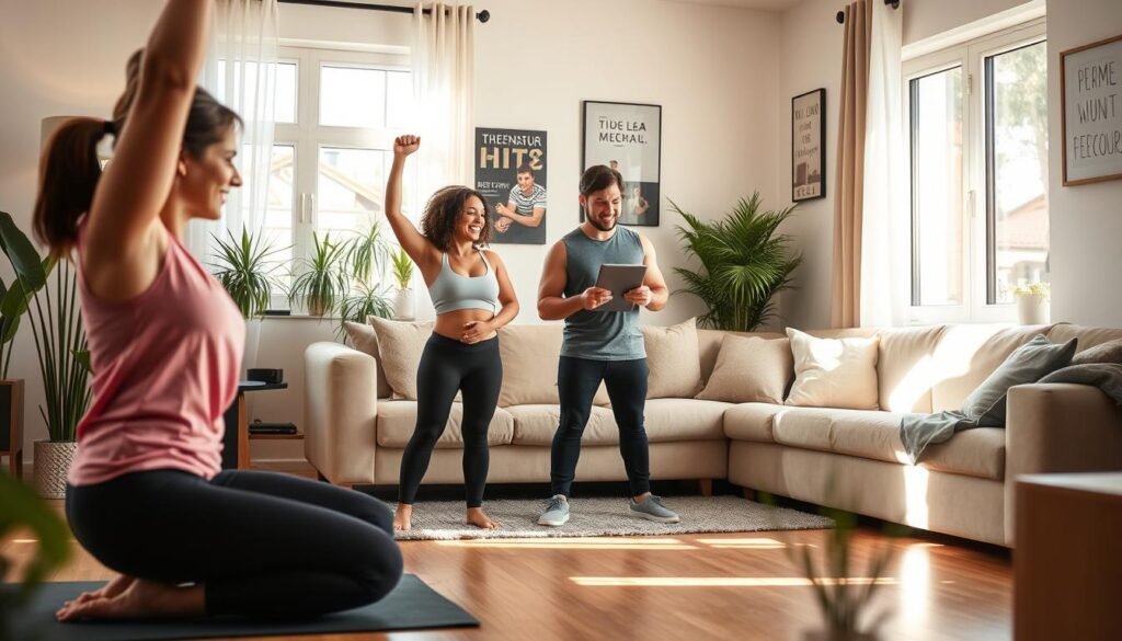 A cozy home environment showcasing a diverse group of individuals engaged in various home workouts, such as yoga, strength training, and aerobics. The foreground features a person in modest athletic wear practicing yoga poses on a mat, while another is lifting light weights. In the middle ground, a couple follows an online fitness video on a tablet, smiling and encouraging each other. The background depicts a well-lit living room with plants, soft lighting, and motivational posters on the walls. Natural sunlight streams through the window, creating a warm and inviting atmosphere. The image conveys enthusiasm and a sense of community in fitness. Include the brand name "treningdnia.pl" subtly in the setting.