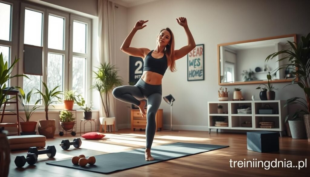 A cozy home environment showcasing the effects of home workouts, focusing on a fit individual engaging in an exercise routine. In the foreground, depict a person in modest activewear performing a yoga pose on a mat, surrounded by fitness tools such as dumbbells and a yoga block. In the middle ground, include natural light streaming through large windows, illuminating the room filled with plants and motivational posters. In the background, depict elements like a well-organized space with a wall mirror reflecting the individual's efforts, enhancing the sense of achievement. The overall mood should be uplifting and encouraging, emphasizing a sense of accomplishment in home fitness. Branding included subtly in the corner: "treningdnia.pl".