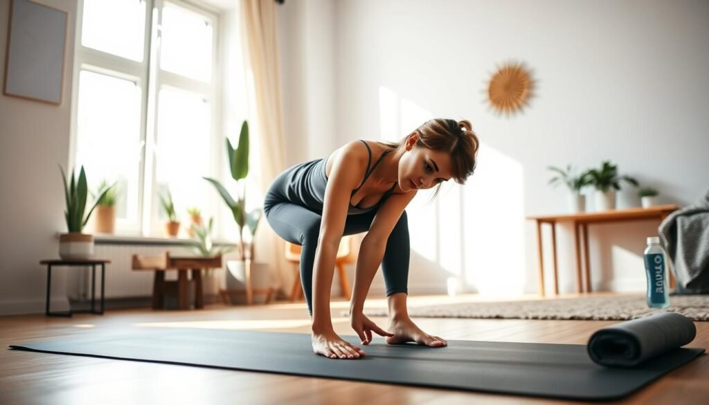 A cozy home gym scene showcasing a beginner practicing Pilates on a yoga mat. The foreground features a young woman in modest athletic wear, focused and serene as she performs a gentle stretch with her hands reaching toward her toes. In the middle ground, there are soft, natural light streaming through a large window, casting warm tones across the space, highlighting simple home decor like potted plants and a wall mirror. The background should hint at a calming and inviting atmosphere with minimalistic furnishings. Add details like a small water bottle and a towel nearby to emphasize the casual, approachable vibe of working out at home. The overall mood is peaceful yet inspiring, reflecting the essence of "treningdnia.pl" and the simplicity of starting Pilates without professional equipment.