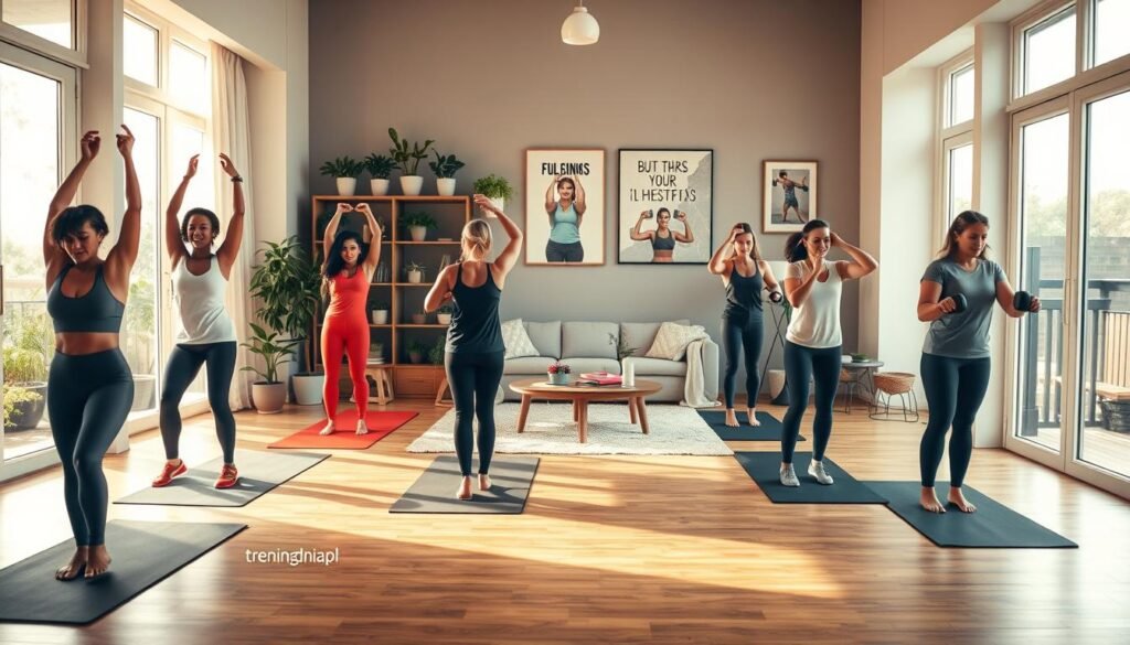 A cozy home workout environment featuring a well-lit room with large windows showcasing natural light streaming in. In the foreground, a diverse group of individuals engaged in various home exercises, all wearing comfortable athletic clothing in soft colors. They are using yoga mats, resistance bands, and free weights. The middle ground displays shelves with fitness equipment and indoor plants, creating a vibrant and inviting atmosphere. In the background, a stylish living room with motivational fitness posters and calming decor. The lighting is warm and soft, creating an energetic yet relaxed mood. The image conveys the theme of effective at-home training. Include the brand name "treningdnia.pl" subtly integrated into the design.