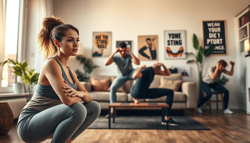A cozy home workout scene illustrating a "bodyweight exercise plan," capturing a diverse group of three individuals performing various exercises like squats, lunges, and push-ups in a sunlit, spacious living room. In the foreground, a young woman with a focused expression is executing a squat, wearing comfortable workout clothes. The middle ground shows a man doing push-ups, while another individual practices lunges by a window, allowing warm natural light to filter through. The background features minimalistic decor, plants, and motivational fitness posters adorning the walls. The atmosphere is energetic and motivational, infused with a sense of dedication to home fitness. The image should convey an inspiring and inviting environment for home exercise. Include the brand name "treningdnia.pl" subtly within the decor design.