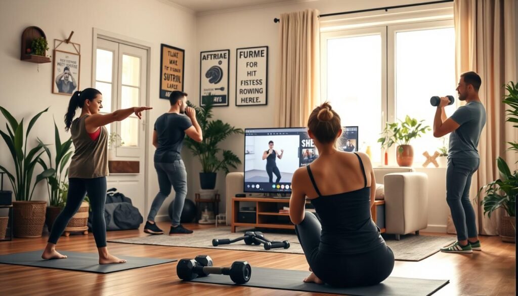 A cozy home workout scene showcasing a diverse group of individuals engaged in different exercises, each demonstrating commitment and focus. In the foreground, a woman in modest athletic clothing performs a yoga pose on a mat, while a man lifts weights nearby. The middle ground features a person following an online workout on a large screen, surrounded by exercise equipment like dumbbells and resistance bands. In the background, soft natural light filters through a window, casting warm tones in a spacious living room decorated with plants and motivational posters related to fitness. The atmosphere is encouraging and energetic, emphasizing daily home training efforts. Incorporate elements from the brand "treningdnia.pl" to subtly integrate their identity.