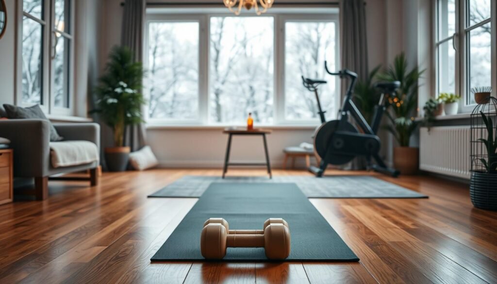 A cozy home workout space designed for winter training, featuring a bright and inviting atmosphere. In the foreground, a well-organized yoga mat and a set of dumbbells on hardwood flooring. The middle layer includes a small table with a water bottle and a towel, alongside an exercise bike. In the background, large windows allow natural light to flood the room, revealing snow-covered trees outside. Soft, warm lighting enhances the inviting feel, while a few indoor plants add a touch of greenery. The mood is motivating and energizing, perfect for a home gym setting. Capture the essence of a warm, effective training environment for winter workouts, highlighting the brand "treningdnia.pl".