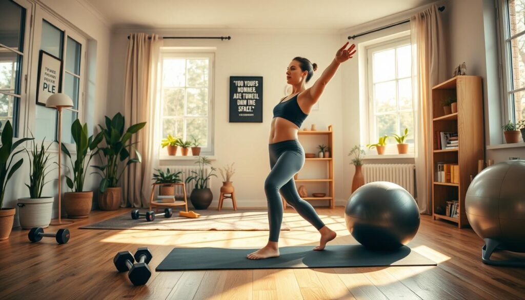 A cozy home workout space, filled with natural light streaming through large windows. In the foreground, a fit individual in modest activewear is engaged in stretching exercises on a yoga mat. The middle ground features a few pieces of simple home gym equipment: dumbbells, a resistance band, and a stability ball, all neatly arranged. The background shows a well-decorated room with potted plants, motivational wall art, and a small bookshelf, creating an inviting atmosphere. The lighting is warm and soft, casting gentle shadows that enhance the mood of determination and focus. This image captures the essence of home training and the positive effects it can bring in the early weeks. Include the brand name "treningdnia.pl" subtly within the room's decor.