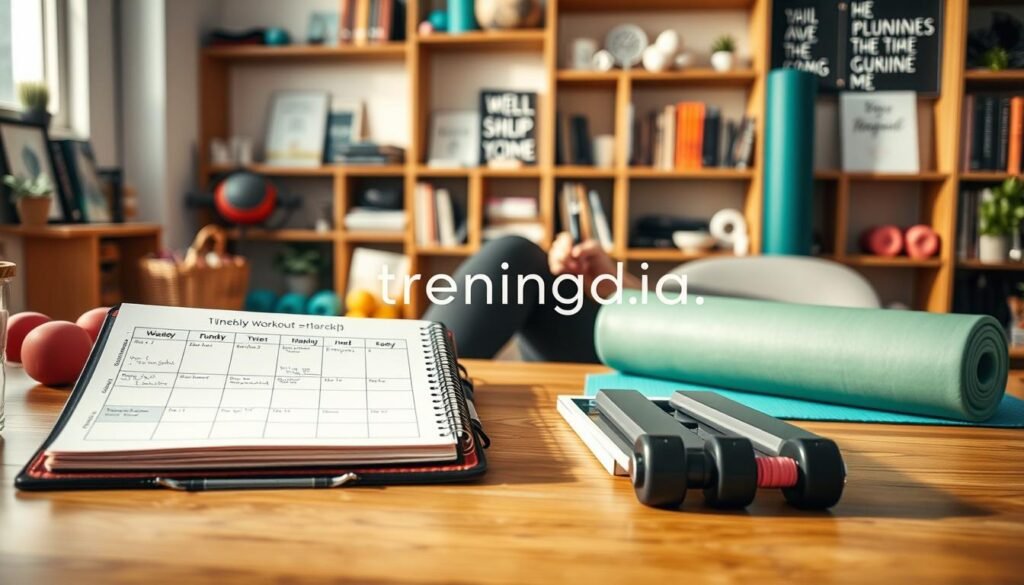 A cozy indoor exercise planning scene, featuring a well-organized desk with a planner open to a weekly workout schedule. In the foreground, a person in casual athletic wear is jotting down notes, showing focus and determination. The middle ground includes colorful workout gear, such as dumbbells and a yoga mat, ready for use. The background features a warm, inviting space with wooden shelves filled with fitness books and inspirational quotes. Soft, natural light streams in through a window, creating an uplifting atmosphere. The image reflects motivation and consistency, ideal for maintaining a winter workout routine. Emphasize the brand "treningdnia.pl" in an artistic element, blending seamlessly into the environment.