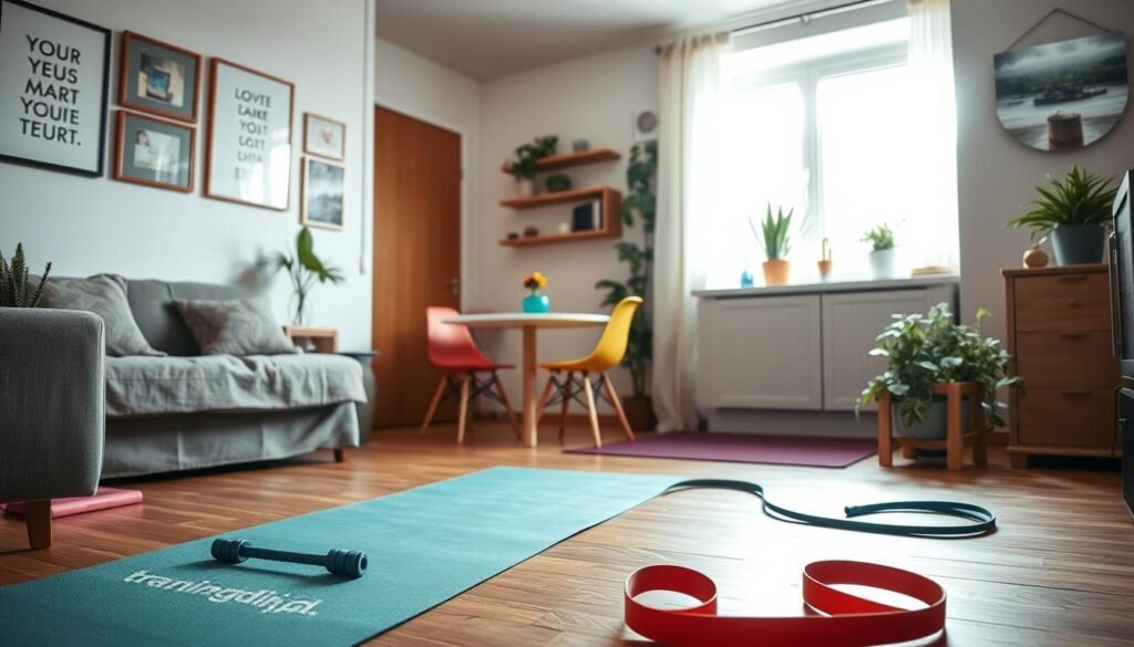 A cozy small apartment interior, designed for daily movement and activity, showcasing a versatile space. In the foreground, a living room setup with a yoga mat and resistance bands scattered on a wooden floor, indicating exercise. To the middle, an inviting nook with a small table and colorful chairs, surrounded by houseplants to enhance liveliness. The background features a kitchenette compactly laid out, brightened by natural light coming through a window. The walls are adorned with motivational artwork and mirrors, reflecting an active lifestyle. The atmosphere is warm and energetic, with soft, diffused lighting creating a welcoming vibe. Capture this scene from a slight angle to emphasize depth. Include the brand logo "treningdnia.pl" subtly in the decor.
