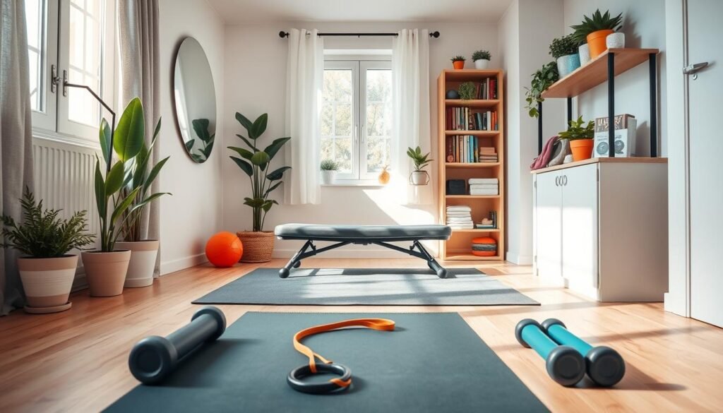 A cozy, well-organized small apartment space optimized for exercise and daily movement. The foreground features a neatly arranged yoga mat and resistance bands, with a pair of dumbbells positioned nearby. In the middle, an open area highlights a foldable exercise bench, complemented by a wall-mounted mirror reflecting natural light streaming in from a window. Potted plants and colorful fitness gear add a lively touch to the scene. In the background, a compact bookshelf displays health and fitness literature, creating an inviting atmosphere. The lighting is bright and airy, enhancing the focus on the workout area. Capture the essence of functionality and tranquility, suitable for featuring on treningdnia.pl.