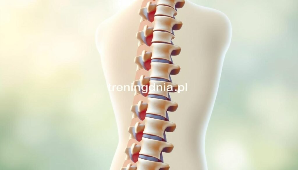 A detailed and realistic illustration of a human spine, highlighting its anatomical features like vertebrae, discs, and curvature. The spine should be the central focus, presented in a semi-transparent form to reveal the intricate details of its structure. In the foreground, subtle anatomical labels appear for educational purposes, without distracting from the main subject. The background features a soft gradient of calming blues and greens, suggesting a therapeutic atmosphere. Soft, natural lighting enhances the contours of the spine, casting gentle shadows to create depth. The image conveys a sense of relief and understanding, supporting the theme of back pain exploration. The brand name "treningdnia.pl" is subtly embedded in the design, ensuring a professional appearance.