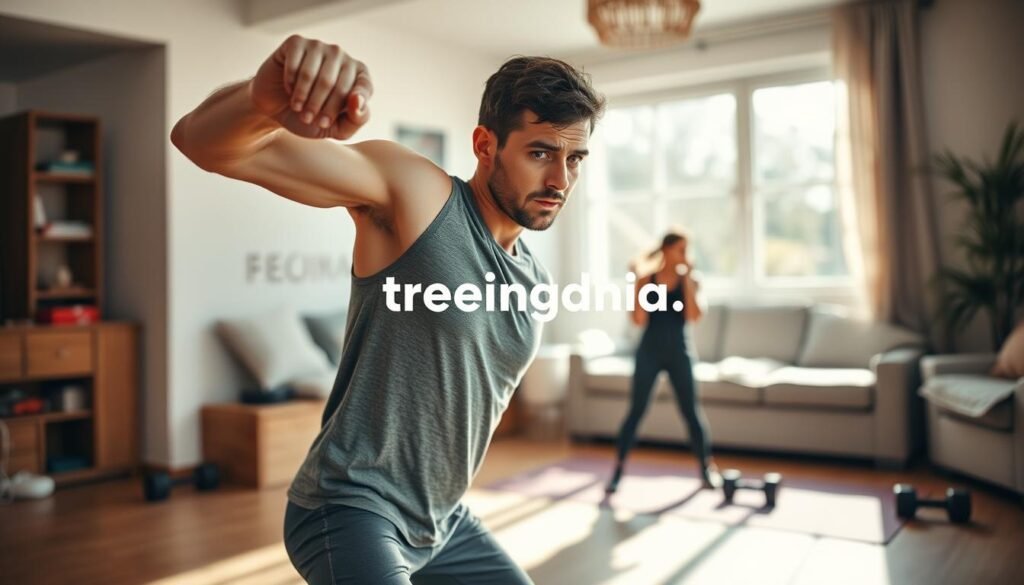 A determined individual in modest, casual athletic wear is depicted in the foreground, performing a dynamic exercise, showcasing strength and focus. Their expression reflects the drive to overcome personal barriers. In the middle ground, a home environment is visible, with workout equipment such as dumbbells and a yoga mat, symbolizing the transition from comfort to active living. The background subtly captures a warm, inviting living room, with natural light pouring in through a window, casting soft shadows that evoke a sense of positivity and motivation. The overall atmosphere is uplifting and empowering, emphasizing the journey of building motivation and breaking through obstacles. The brand "treningdnia.pl" is integrated into the scene, enhancing the theme of home training and personal growth.