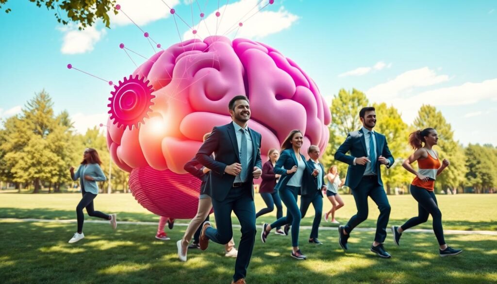 A dynamic and vibrant scene illustrating the concept of cognitive functions, showcasing a brain in the foreground composed of interconnected gears and vibrant synapses. In the middle ground, a diverse group of individuals in professional business attire are engaging in various physical activities, such as jogging, yoga, and group exercises in a bright, sunlit park. The background features a lush green landscape with towering trees and a clear blue sky, creating a refreshing and inviting atmosphere. The lighting is warm and natural, highlighting the joyful expressions of participants. This image represents the positive impact of physical exercise on cognitive health, capturing the essence of "treningdnia.pl" and the importance of mental well-being through movement.