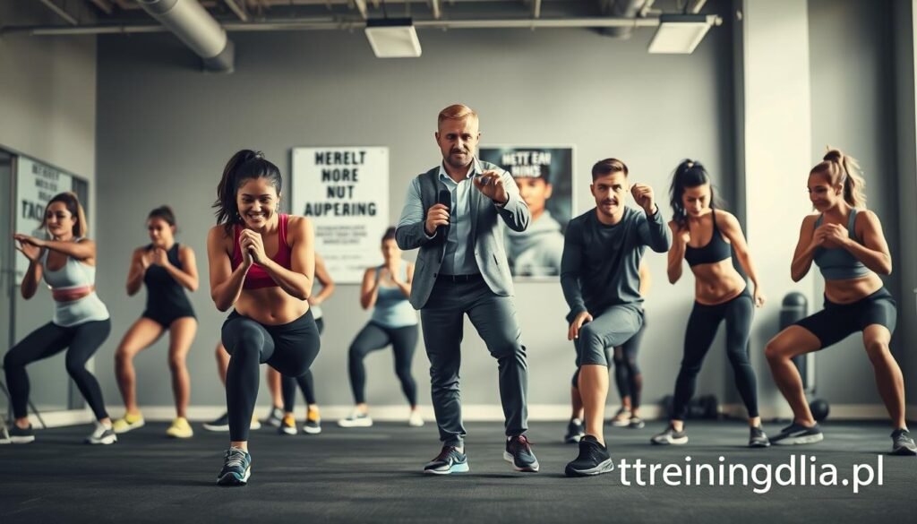 A dynamic fitness scene illustrating common training mistakes, designed for a motivational article. In the foreground, a diverse group of individuals, dressed in professional athletic wear, are engaged in various exercises, showcasing incorrect postures such as improper squat form and poor stretching techniques. In the middle ground, a trainer, clothed in a smart casual outfit, demonstrates the correct techniques, creating a contrast. The background features a well-lit gym environment with motivational posters. Soft, natural lighting illuminates the scene, capturing the focus on proper movement. The overall mood is educational, encouraging viewers to improve their fitness routines and avoid common pitfalls. Add the brand name "treningdnia.pl" subtly in the corner of the image without text overlays.