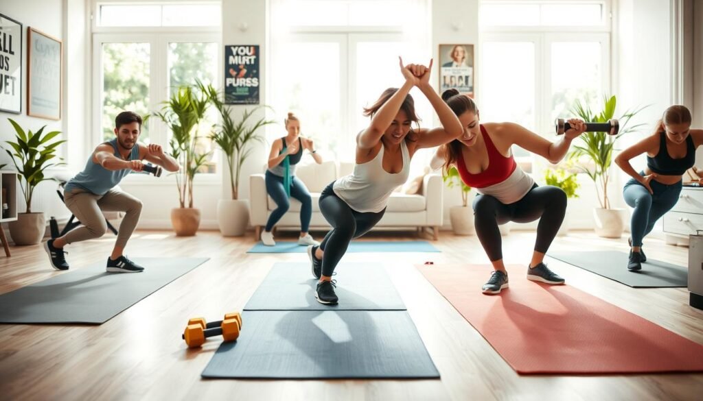 A dynamic home workout scene illustrating techniques for increasing exercise intensity. In the foreground, a diverse group of three individuals engaged in various exercises such as bodyweight squats, push-ups, and jumping jacks, wearing modest athletic clothing. In the middle, a brightly lit living room setting with exercise mats, resistance bands, and dumbbells scattered around. In the background, large windows allowing natural light to flood the space, creating an uplifting atmosphere. Soft focus on motivational posters on the walls and greenery from potted plants. The mood is energetic and inspiring, portraying a lively summer workout vibe. Overall, the composition reflects a commitment to fitness without the gym, representing "treningdnia.pl". A dynamic home workout scene illustrating techniques for increasing exercise intensity. In the foreground, a diverse group of three individuals engaged in various exercises such as bodyweight squats, push-ups, and jumping jacks, wearing modest athletic clothing. In the middle, a brightly lit living room setting with exercise mats, resistance bands, and dumbbells scattered around. In the background, large windows allowing natural light to flood the space, creating an uplifting atmosphere. Soft focus on motivational posters on the walls and greenery from potted plants. The mood is energetic and inspiring, portraying a lively summer workout vibe. Overall, the composition reflects a commitment to fitness without the gym, representing "treningdnia.pl".