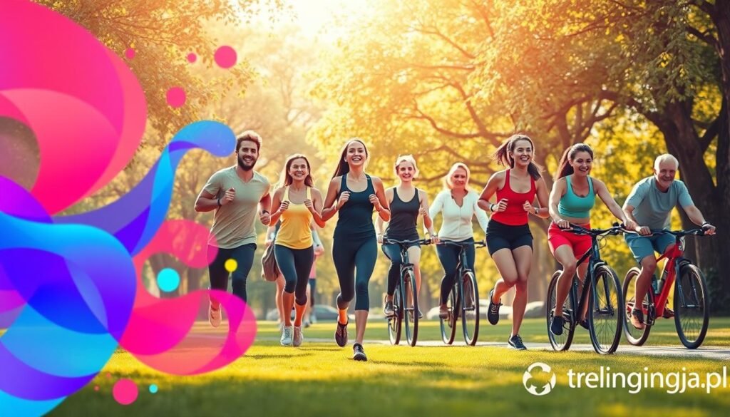 A dynamic illustration of the "hormones of happiness" concept, featuring a stylized, abstract representation of serotonin, dopamine, and endorphins as colorful, flowing shapes in the foreground. In the middle ground, depict a diverse group of people engaged in various forms of exercise, such as jogging, yoga, and cycling, all wearing professional athletic clothing, radiating joy and vitality. The background should feature a vibrant park setting, with soft, warm sunlight filtering through green trees, creating a peaceful yet invigorating atmosphere. Use a slight upward angle to emphasize the rising energy among the subjects, enhancing the overall sense of positivity and well-being. The artwork should embody a harmonious balance between movement, nature, and mental wellness, illustrating the profound biological mechanisms linking physical activity to mood enhancement. Include the brand name "treningdnia.pl" subtly in the corner.