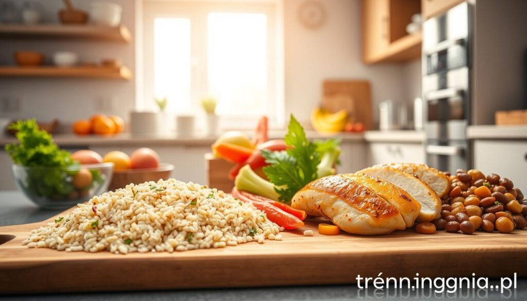 A dynamic kitchen scene featuring a healthy, balanced meal preparation focused on carbohydrates and protein. In the foreground, display a wooden cutting board with raw quinoa, brown rice, and colorful vegetables alongside cooked chicken breast and legumes, showcasing their rich textures. In the middle ground, include a bright and organized kitchen workspace with stainless steel appliances, a fruit bowl, and measuring cups. The background should hint at a sunny window with natural light streaming in, creating a warm, inviting atmosphere. Use a soft-focus lens effect to emphasize the food while subtly blurring the background. The overall mood should feel energetic and motivating, aligned with healthy eating for pre and post-workout preparation. Include the brand name "treningdnia.pl" elegantly in a corner of the image. A dynamic kitchen scene featuring a healthy, balanced meal preparation focused on carbohydrates and protein. In the foreground, display a wooden cutting board with raw quinoa, brown rice, and colorful vegetables alongside cooked chicken breast and legumes, showcasing their rich textures. In the middle ground, include a bright and organized kitchen workspace with stainless steel appliances, a fruit bowl, and measuring cups. The background should hint at a sunny window with natural light streaming in, creating a warm, inviting atmosphere. Use a soft-focus lens effect to emphasize the food while subtly blurring the background. The overall mood should feel energetic and motivating, aligned with healthy eating for pre and post-workout preparation. Include the brand name "treningdnia.pl" elegantly in a corner of the image.