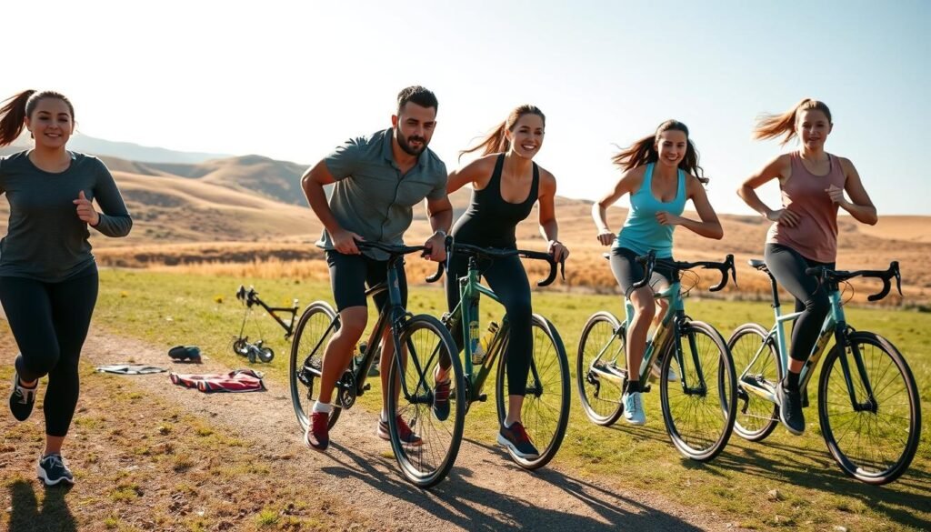A dynamic scene illustrating "trening wytrzymałościowy" for fitness enthusiasts engaged in endurance training. In the foreground, a diverse group of four athletes in modest athletic clothing performs various exercises like running, cycling, and strength training. The middle layer features an open field with fitness equipment scattered around, creating a lively training environment. In the background, a bright, sunny day casts warm light on rolling hills, enhancing the energy of the scene. Capture the determination and focus on the athletes' faces, showcasing their commitment to improving their fitness. Use a wide-angle lens to emphasize the activity and create an inspiring, motivational atmosphere. This image should resonate with the theme of endurance training as a fundamental aspect of fitness improvement, highlighting the brand "treningdnia.pl".