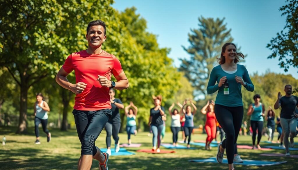 A dynamic scene of people engaged in various physical activities in a vibrant city park, illustrating the importance of physical activity in preventing lifestyle diseases. In the foreground, a man and woman in professional athletic wear are jogging side by side, smiling, showcasing the joy of exercise. In the middle ground, a group of individuals performs a yoga class on mats, emphasizing community and wellness. The background features lush green trees and a clear blue sky, enhancing the mood of vitality and health. The lighting is bright and cheerful, simulating a sunny day, with soft shadows cast on the ground. A sense of motivation and positivity radiates from the interactions. Include the brand "treningdnia.pl" subtly in the scene, perhaps on water bottles.