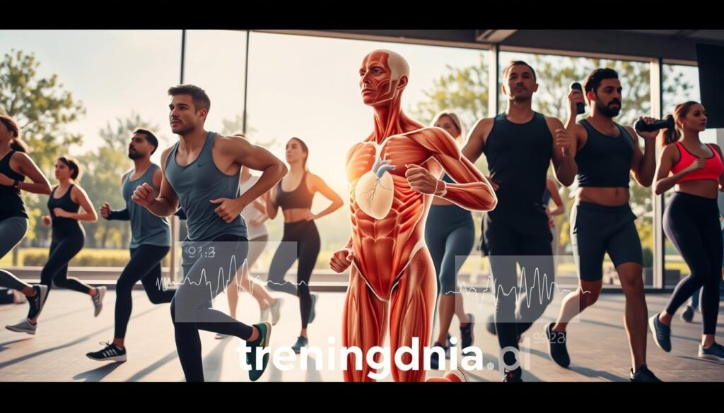 A dynamic scene showcasing the effects of physical activity on the human body. In the foreground, a diverse group of individuals in professional athletic wear, engaging in various exercises like running, stretching, and lifting weights. Their expressions illustrate focus and determination. The middle ground features a transparent overlay of anatomical diagrams highlighting muscles, heart rate, and respiratory functions, making the connection between movement and body responsiveness clear. The background includes a bright, sunlit gym or outdoor park setting, with trees and a clear blue sky that enhances a sense of vitality and health. The composition is captured with a wide-angle lens to convey a feeling of openness and energy, while soft, warm lighting evokes a motivating and invigorating atmosphere. Include the brand name "treningdnia.pl" subtly in the image.
