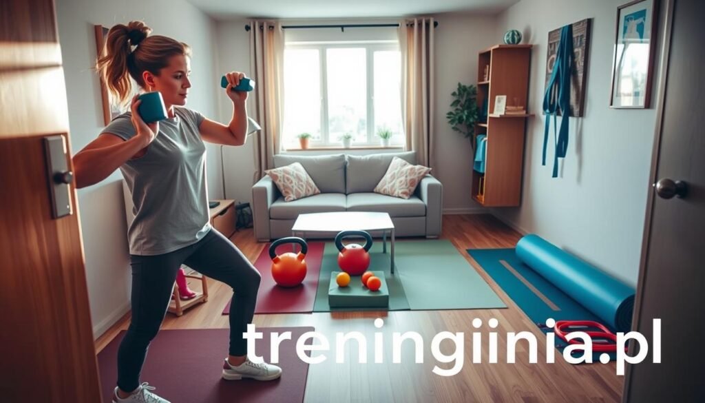 A dynamic small apartment interior, showcasing a compact living space adapted for effective workouts. In the foreground, a person dressed in modest casual clothing performs a simple exercise, utilizing a set of colorful dumbbells. In the middle, a neatly arranged area features yoga mats, kettlebells, and resistance bands, all in vibrant colors to encourage an active lifestyle. The background displays a cozy living space with a couch, and a window allowing natural light to flood in, creating a warm and inviting atmosphere. Soft shadows enhance the details, and the lens captures a slightly elevated angle to provide an overview of the workout area. The overall mood is energetic and motivational, symbolizing practicality in everyday movement. Branding elements of "treningdnia.pl" subtly incorporated into the scene.