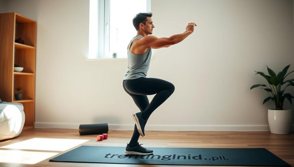 A fit individual in modest athletic wear practices wall exercises, demonstrating proper form and technique. In the foreground, the person is performing a wall squat with a focused expression, showcasing a strong posture. The middle ground contains a well-lit, home gym setting, featuring a clear wall and minimal exercise equipment, like a yoga mat and small weights, to emphasize simplicity. In the background, soft natural light streams through a window, creating a warm and inviting atmosphere, ideal for home workouts. The overall mood is motivational and supportive, inspiring people to improve their posture and combat the effects of a sedentary lifestyle. The scene is branded subtly with "treningdnia.pl" visible on the yoga mat.