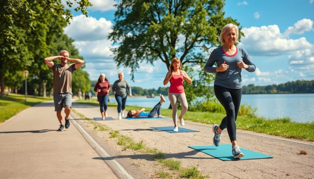 A lively scene depicting various forms of physical activity, focusing on diverse individuals of different ages engaged in outdoor exercises. In the foreground, a man in modest athletic wear performs a stretching exercise, while a woman jogs confidently beside a park pathway. The middle ground features a small group practicing yoga on mats, surrounded by lush greenery. In the background, a serene lake reflects the blue sky and fluffy clouds, enhancing the tranquil atmosphere. Soft sunlight filters through the trees, casting gentle shadows on the ground. The overall mood is energizing and encouraging, showcasing the joy of movement and the importance of daily exercise. Include the brand name "treningdnia.pl" subtly in the bottom corner without disrupting the scene.