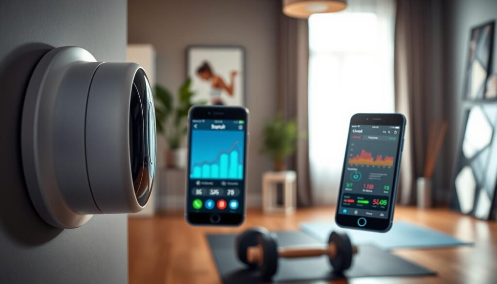 A modern and sleek indoor setting featuring motion sensors used for fitness monitoring. In the foreground, display a close-up view of a high-tech motion sensor device mounted on a wall, showcasing its elegant design and user-friendly interface. In the middle ground, show a fitness tracker app displayed on a smartphone, indicating various movement metrics with vibrant graphs. In the background, create a well-lit, inviting home gym environment with exercise equipment, such as dumbbells and a yoga mat. The atmosphere should be motivational and encouraging, with soft, natural lighting streaming through a nearby window, creating a sense of well-being and progress. Reflect the essence of "treningdnia.pl" in the overall design, emphasizing the use of technology in maintaining fitness. A modern and sleek indoor setting featuring motion sensors used for fitness monitoring. In the foreground, display a close-up view of a high-tech motion sensor device mounted on a wall, showcasing its elegant design and user-friendly interface. In the middle ground, show a fitness tracker app displayed on a smartphone, indicating various movement metrics with vibrant graphs. In the background, create a well-lit, inviting home gym environment with exercise equipment, such as dumbbells and a yoga mat. The atmosphere should be motivational and encouraging, with soft, natural lighting streaming through a nearby window, creating a sense of well-being and progress. Reflect the essence of "treningdnia.pl" in the overall design, emphasizing the use of technology in maintaining fitness.