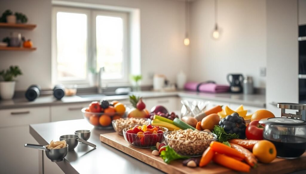 A modern home kitchen setting, brightly lit with natural sunlight streaming through a window, creating a warm and inviting atmosphere. In the foreground, a neatly arranged table displays a balanced meal prep for pre- and post-workout nutrition: colorful fruits, healthy grains, lean proteins, and vitamin-rich vegetables. On the counter, various kitchen tools like measuring cups and a food scale are visible, emphasizing planning and preparation. In the background, blurred but distinct, a small workout space with yoga mats and dumbbells hints at the training aspect. The photo should be taken from a slightly elevated angle to capture the entire scene, focusing on the meal prep while maintaining an inviting and motivating mood for fitness enthusiasts. Branding elements from "treningdnia.pl" subtly integrated into kitchen accessories. A modern home kitchen setting, brightly lit with natural sunlight streaming through a window, creating a warm and inviting atmosphere. In the foreground, a neatly arranged table displays a balanced meal prep for pre- and post-workout nutrition: colorful fruits, healthy grains, lean proteins, and vitamin-rich vegetables. On the counter, various kitchen tools like measuring cups and a food scale are visible, emphasizing planning and preparation. In the background, blurred but distinct, a small workout space with yoga mats and dumbbells hints at the training aspect. The photo should be taken from a slightly elevated angle to capture the entire scene, focusing on the meal prep while maintaining an inviting and motivating mood for fitness enthusiasts. Branding elements from "treningdnia.pl" subtly integrated into kitchen accessories.