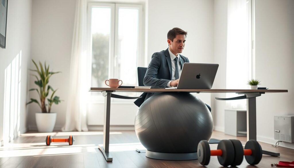 A modern home office scenario, showcasing a professional individual working at a sleek desk with a laptop, embodying the concept of a sedentary lifestyle. In the foreground, a focused person in smart casual attire is using a stability ball as a chair, highlighting the need for active positioning. In the middle ground, an open space reveals lightweight exercise equipment like dumbbells and resistance bands, suggesting easy incorporation of movement. The background features a bright window with natural light pouring in, creating an inviting atmosphere. Soft shadows add depth to the scene. The overall mood is one of balance and motivation, emphasizing the necessity of integrating activity into a desk-bound routine. Include the branding "treningdnia.pl" subtly in the workspace.