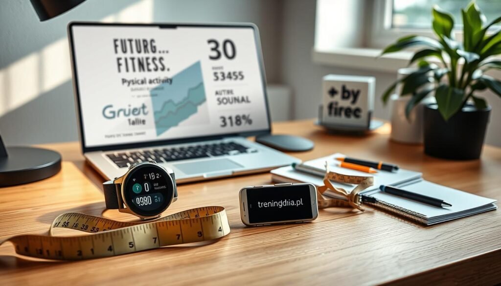 A modern workspace highlighting various activity tracking tools for fitness, arranged on a sleek wooden desk. In the foreground, a smartwatch and a smartphone displaying fitness apps are prominently placed, with a measuring tape and a fitness journal beside them. In the middle ground, an open laptop shows graphs and statistics of physical activity, signifying progress. The background features a softly lit, motivational poster with fitness quotes, while a plant adds a touch of greenery. The lighting is natural, coming from a window, creating a warm and inspiring atmosphere. The scene is visually appealing yet professional, aiming to motivate individuals in their fitness journey. Include a subtle branding element for "treningdnia.pl" integrated tastefully into the desk setting.