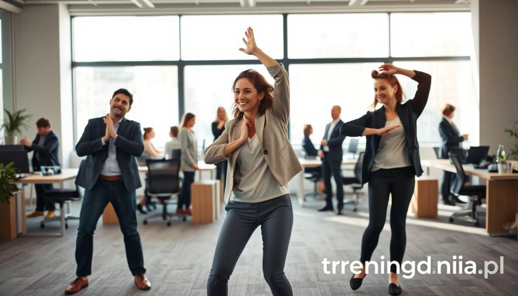 A professional office scene showing employees engaging in stretching exercises during a break. In the foreground, a diverse group of two men and two women, dressed in smart casual clothing, are demonstrating a variety of stretching poses, such as neck rolls and shoulder stretches. In the middle background, other colleagues can be seen standing or sitting at desks, displaying general office activities, while some glance towards the stretching group with an encouraging smile. The background features large windows allowing natural light to flood the room, enhancing a vibrant and uplifting atmosphere. The composition captures a sense of well-being and promotes physical activity in the workplace. The overall mood is energetic yet relaxed, encouraging viewers to incorporate movement into their daily routines. Include the logo of "treningdnia.pl" subtly in the corner.