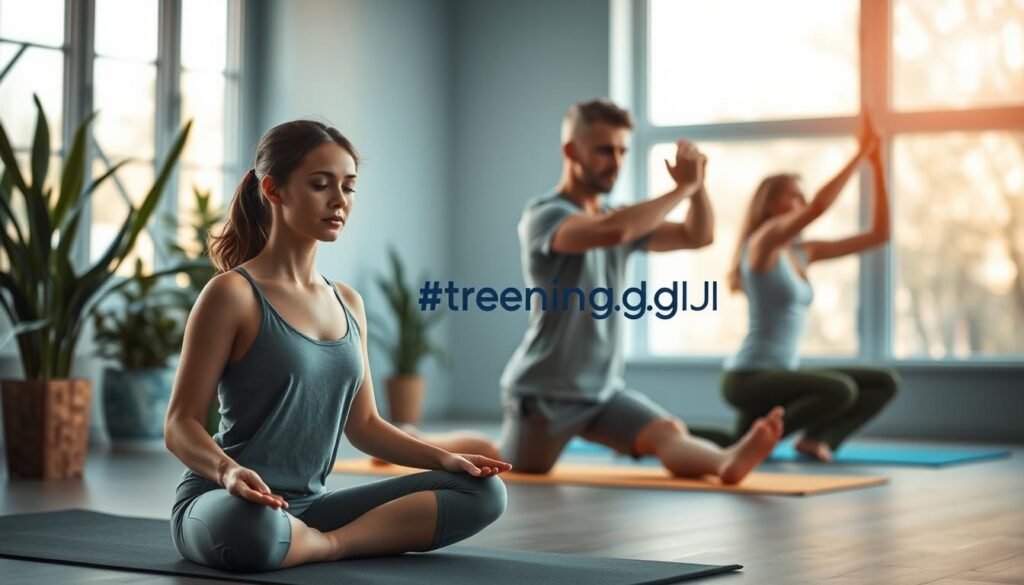 A serene and focused scene illustrating muscle regeneration, featuring a diverse group of individuals engaged in different restorative activities. In the foreground, a young woman practices yoga on a mat, her expression peaceful and concentrated. To her side, a middle-aged man is performing light stretching, dressed in modest casual clothing. In the middle ground, a softly glowing wellness room includes plants and natural light filtering through large windows, creating a tranquil atmosphere. The background features a subtle water feature and calming blue tones. The lighting is warm and inviting, evoking a sense of calm and introspection. The overall mood is peaceful, emphasizing the importance of recovery and rest in the journey of change. A logo for "treningdnia.pl" is subtly integrated into the scene, promoting a connection to fitness and wellness.