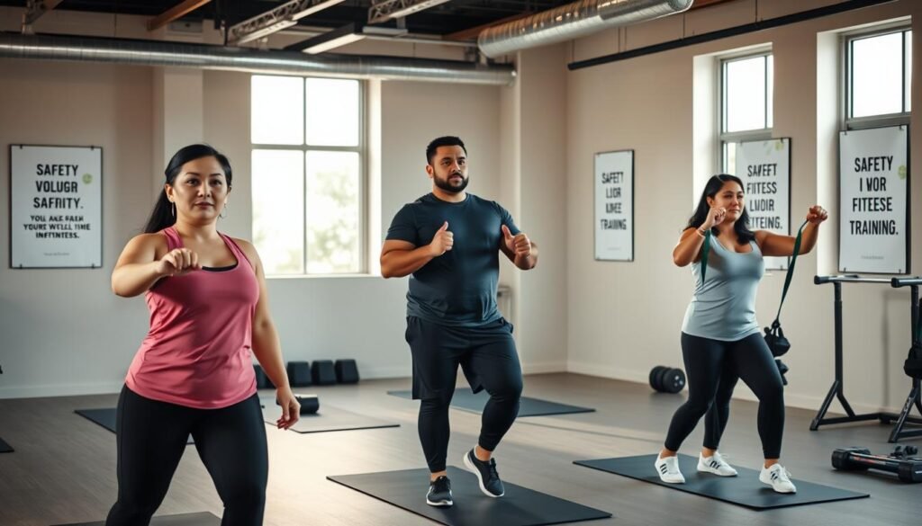 A serene and inspiring fitness scene emphasizing safe training principles for overweight individuals. In the foreground, a diverse group of three individuals (a woman of Asian descent, a man of Black descent, and a woman of Hispanic descent) are engaged in moderate exercises like stretching and lightweight resistance training, all dressed in professional activewear. The middle ground features a calm and spacious gym environment with exercise mats, resistance bands, and an inviting atmosphere. Bright, natural light flooding in through large windows enhances the warm ambiance. In the background, motivational posters on the walls emphasize safety and well-being in fitness. The overall mood is encouraging and supportive, showcasing an inclusive approach to fitness without overexertion. Branding subtly included: "treningdnia.pl" on exercise equipment.