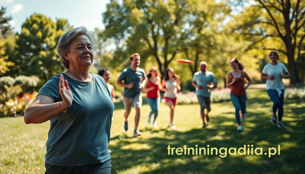 A serene and inviting scene depicting a diverse group of people engaging in various forms of physical activity in a bright, sunlit park. In the foreground, a middle-aged woman in modest casual attire practices yoga with a look of focus and serenity, while a couple nearby jogs energetically, displaying encouragement and camaraderie. In the middle ground, a group of friends enjoys a casual game of frisbee, laughter evident on their faces, embodying joy and togetherness. The backdrop features lush green trees and colorful flowers under a clear blue sky, creating a harmonious atmosphere of health and vitality. Soft, natural lighting casts gentle shadows, enhancing the active yet peaceful vibe of the moment. The scene subtly incorporates the brand "treningdnia.pl" with a focus on promoting daily movement as essential for mental health.