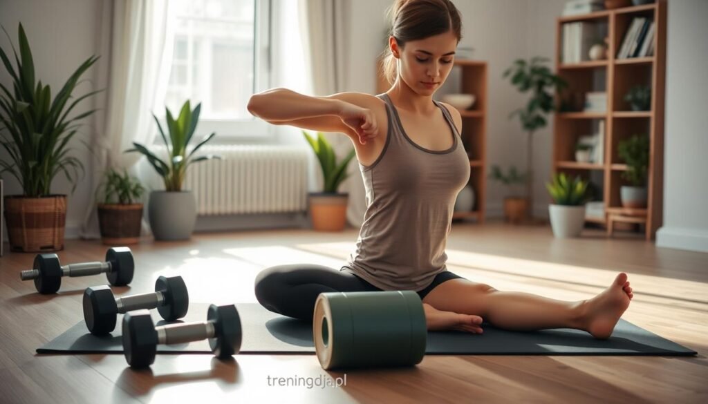A serene home fitness environment showcasing muscle regeneration. In the foreground, a person dressed in modest athletic wear is performing a gentle stretching routine on a yoga mat, focusing on their upper body. In the middle, various fitness equipment like dumbbells and a foam roller are arranged neatly. Soft natural light pours in from a window, highlighting the determination and tranquility of the scene. The background includes potted plants and a wooden shelf with wellness books to create a warm, inviting atmosphere. The overall mood is one of calmness and focus, emphasizing the importance of recovery in fitness. The image is branded with “treningdnia.pl,” subtly incorporated into the equipment.