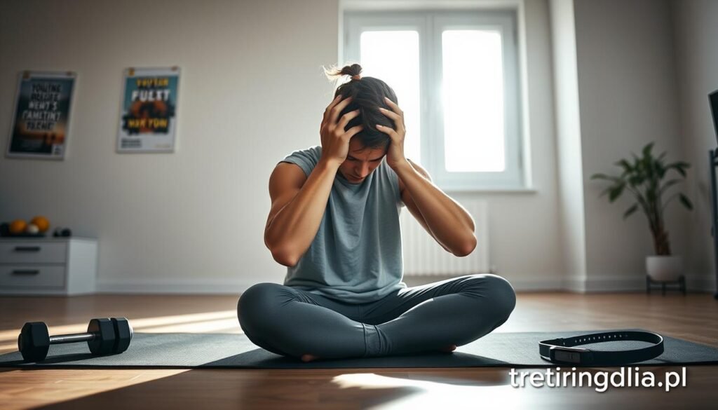 A serene home gym setting bathed in soft, natural light streaming through a large window. In the foreground, a tired individual dressed in modest, comfortable workout clothes sits on a yoga mat, their expression reflecting exhaustion and concern as they hold their head in their hands. In the middle ground, fitness equipment—dumbbells, a resistance band, and a fitness tracker—indicates a once-active workout space. The background features a simple wall with motivational posters and an indoor plant, suggesting a peaceful yet slightly chaotic home environment. The overall atmosphere is contemplative and introspective, embodying the concept of recognizing signs of overtraining. The image should evoke a sense of self-reflection and awareness in fitness. Branding included: treningdnia.pl.