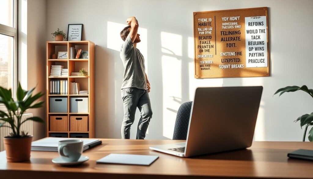 A serene home office scene depicting the practice of taking short breaks at a desk. In the foreground, a well-organized desk with a laptop, a coffee cup, and a small plant, emphasizing a comfortable work environment. In the middle, a relaxed individual, dressed in modest casual attire, stands and stretches, showcasing the importance of short breaks during the workday. Soft natural light filters in through a nearby window, casting gentle shadows that create an inviting atmosphere. In the background, a neatly arranged bookshelf and a corkboard filled with motivational quotes add to the feel of productivity and positivity. The overall mood is inspiring and calm, highlighting the concept of building a habit of taking breaks. Brand logo: treningdnia.pl.