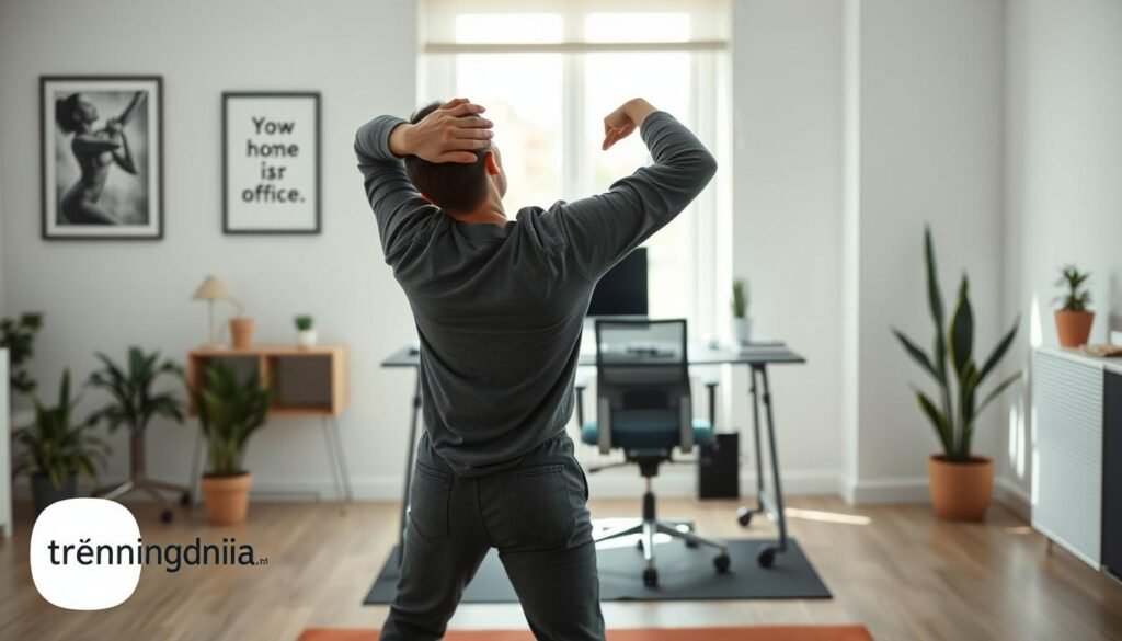A serene home office setting, designed for stretching exercises. The foreground features a person in business casual attire, demonstrating a neck and spine stretching exercise with a relaxed expression. The individual is positioned with their back to the viewer, arms gently lifted and bent to the side, emphasizing the stretch. In the middle, a sleek desk with a computer, ergonomic chair, and indoor plants creates an inviting workspace atmosphere. Soft, natural lighting filters through a nearby window, illuminating the scene and casting gentle shadows. In the background, subtle decor elements like framed motivational posters and a yoga mat on the floor enhance the overall wellness theme. The mood is calm and focused, promoting the idea of effective home exercises for office workers. Branding subtly appears in the corner with "treningdnia.pl".