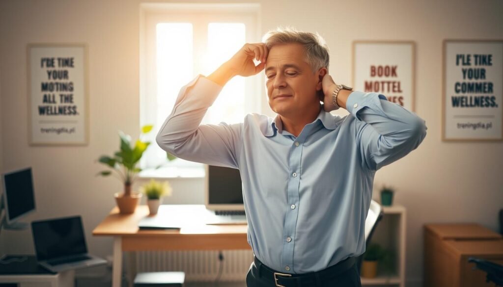 A serene home office setting illuminated by soft natural light coming through a window. In the foreground, a middle-aged professional in business casual attire, wearing a light blue shirt and dark pants, is performing neck stretching exercises. Their posture is optimal, with one hand gently tilting the head to the side to stretch the neck, showcasing an expression of relaxation and focus. In the middle ground, a tidy desk with a laptop, a potted plant, and motivational posters emphasizing wellness. The background features light-colored walls, creating a calm atmosphere. The image captures the essence of desk stretches promoting good posture and alleviating the effects of a sedentary lifestyle. The brand "treningdnia.pl" subtly integrated into the workspace decor.