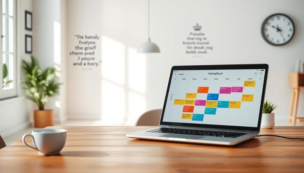 A serene home office setting symbolizing the concept of "flexibility in scheduling." In the foreground, a stylish wooden desk with a laptop open, displaying a digital calendar with colorful time blocks indicating varied activities. On one side, a coffee cup and a small plant add a touch of warmth. The middle ground features a bright and spacious room with a large window allowing soft, natural light to flood in, casting gentle shadows. In the background, an inspirational wall with motivational quotes and a clock showing a balanced time. The overall atmosphere feels productive yet relaxed, emphasizing adaptability and a balanced life. The image should convey clarity and motivation, reflecting "treningdnia.pl" as a supportive resource for creating a personalized daily activity plan.