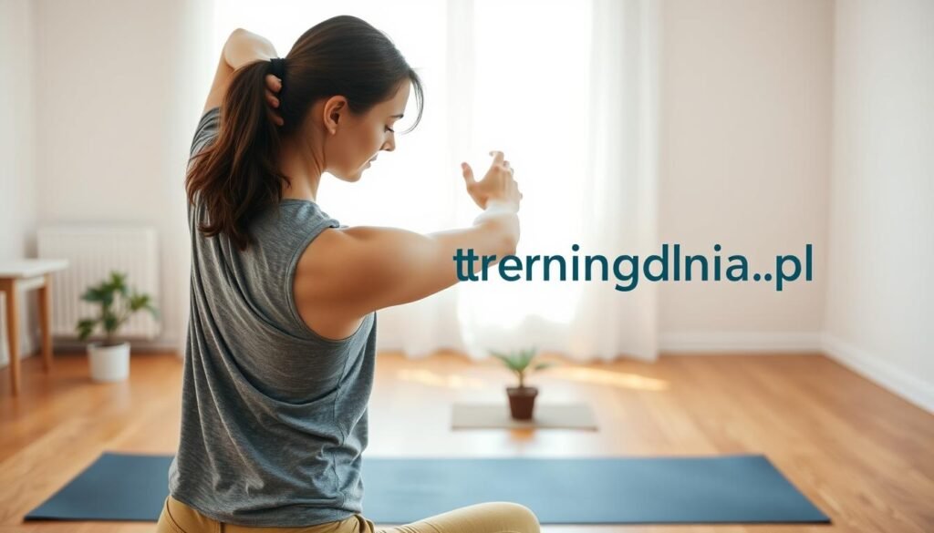 A serene indoor setting focusing on a person practicing exercises to improve posture. In the foreground, a young adult wearing modest casual clothing performs a specific stretch, demonstrating proper alignment and form. Their expression shows concentration and determination. The middle ground features a yoga mat on a wooden floor, along with a small plant to infuse a touch of nature. The background includes a soft, well-lit room with natural light streaming through a window, highlighting the posture improvement concept. Use warm, inviting colors to evoke a calm atmosphere. The image should capture the importance of maintaining good posture while incorporating elements of home fitness. Include the brand name "treningdnia.pl" subtly in the scene, ensuring it does not draw away focus from the main subject.