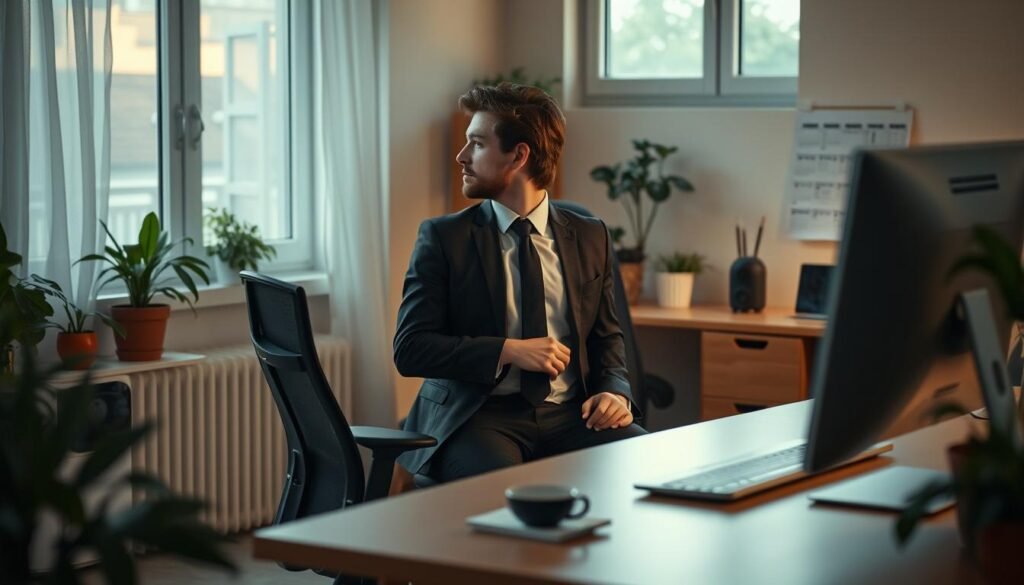 A serene indoor setting showcasing the concept of a sedentary lifestyle. In the foreground, a well-organized modern desk with a computer and ergonomic chair, emphasizing productivity yet still representing a static environment. In the middle, a person dressed in professional business attire, sitting upright with good posture, focused on their work, yet showing signs of fatigue, reflecting the toll of extended sitting. The background features a warm and inviting home office, bathed in soft natural light streaming through a window, plants adding a touch of life. The overall mood is contemplative and slightly somber, highlighting the contrast between productivity and health. The image should subtly incorporate the brand "treningdnia.pl" into the scene, perhaps on a visible calendar on the wall.